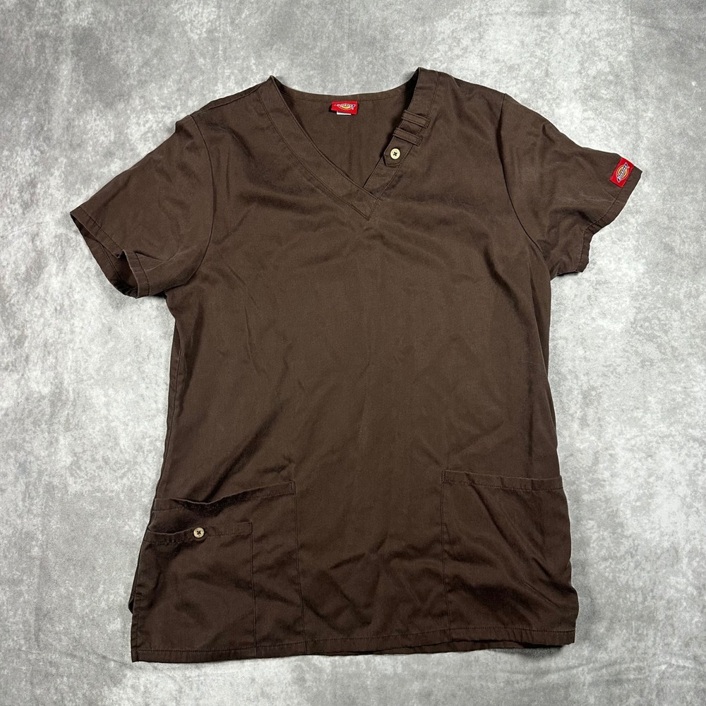 Dickies Womens Medium M Chocolate Brown V-Neck Short Sleeve Scrub Top Pockets
